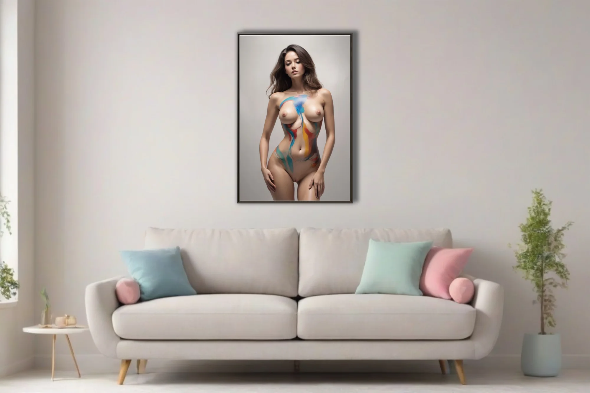 Nude female figure with flowing blue, teal, red, and gold body paint on a neutral background in a contemporary realist style.