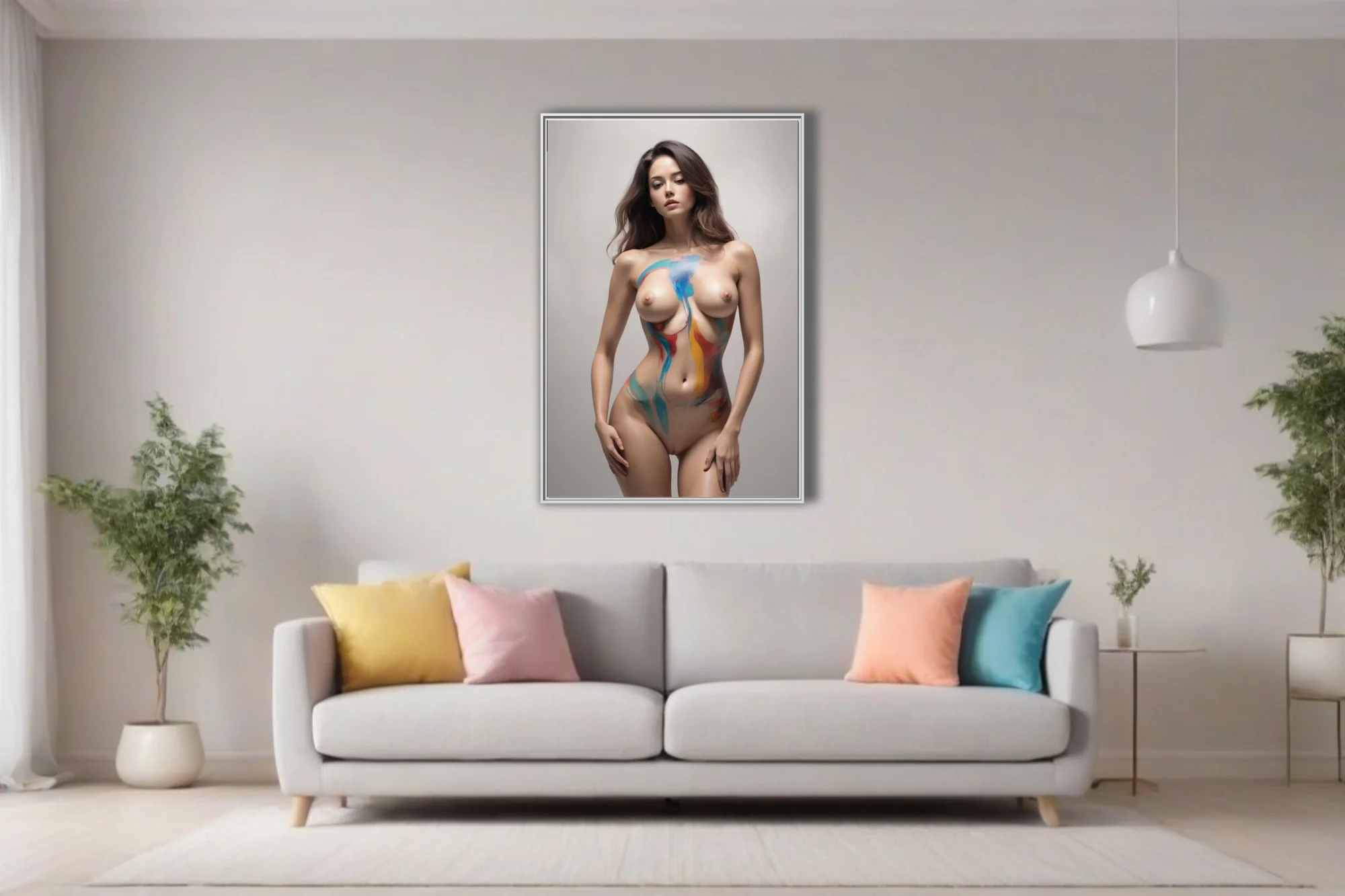 Nude female figure with flowing blue, teal, red, and gold body paint on a neutral background in a contemporary realist style.