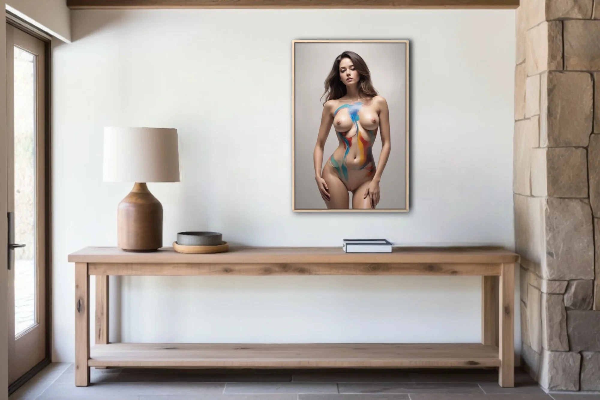 Nude female figure with flowing blue, teal, red, and gold body paint on a neutral background in a contemporary realist style.