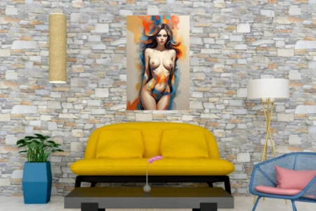 Painterly female nude study with vivid orange and cobalt swirls in bold contemporary figurative style