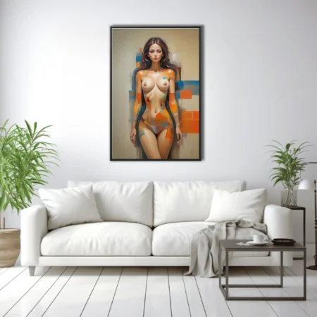 Modern abstract nude figure study with orange and blue color blocks in painterly strokes