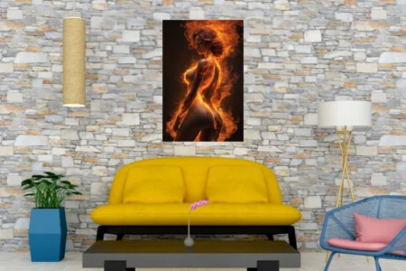 Female figure engulfed in swirling orange flame against dark background