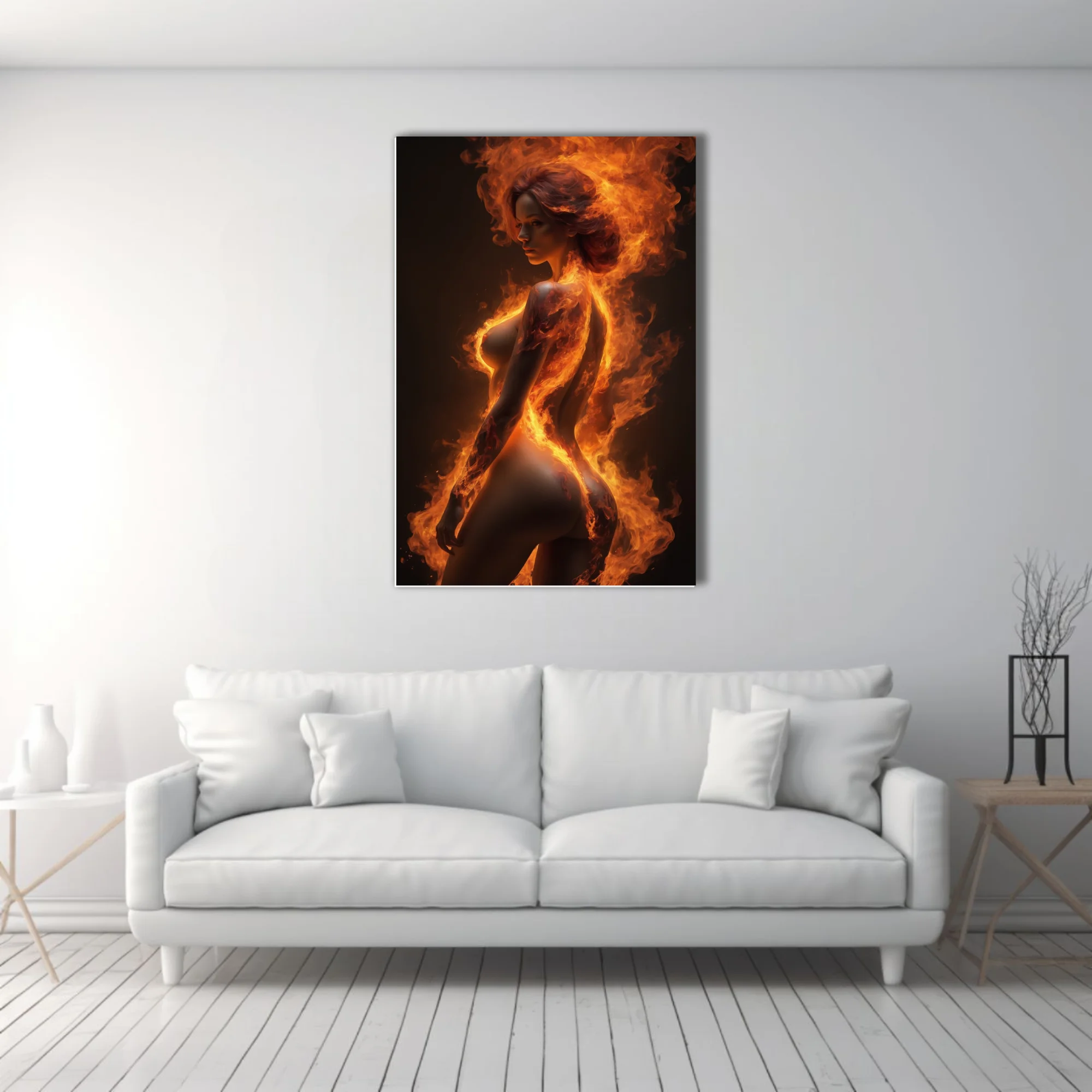Female figure engulfed in swirling orange flame against dark background