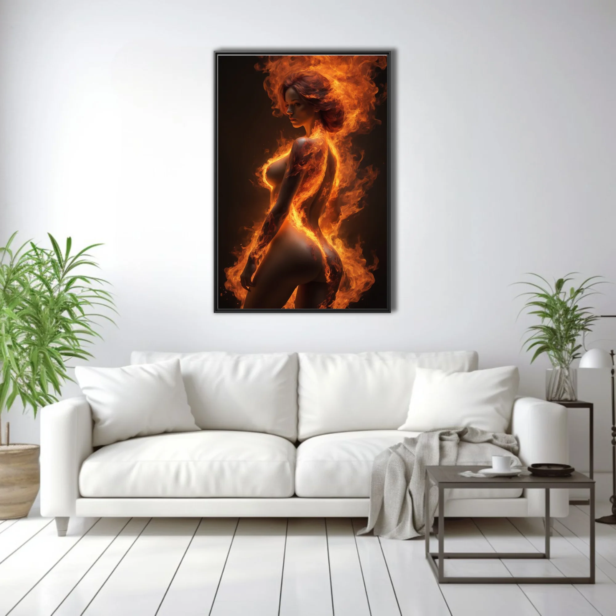Female figure engulfed in swirling orange flame against dark background