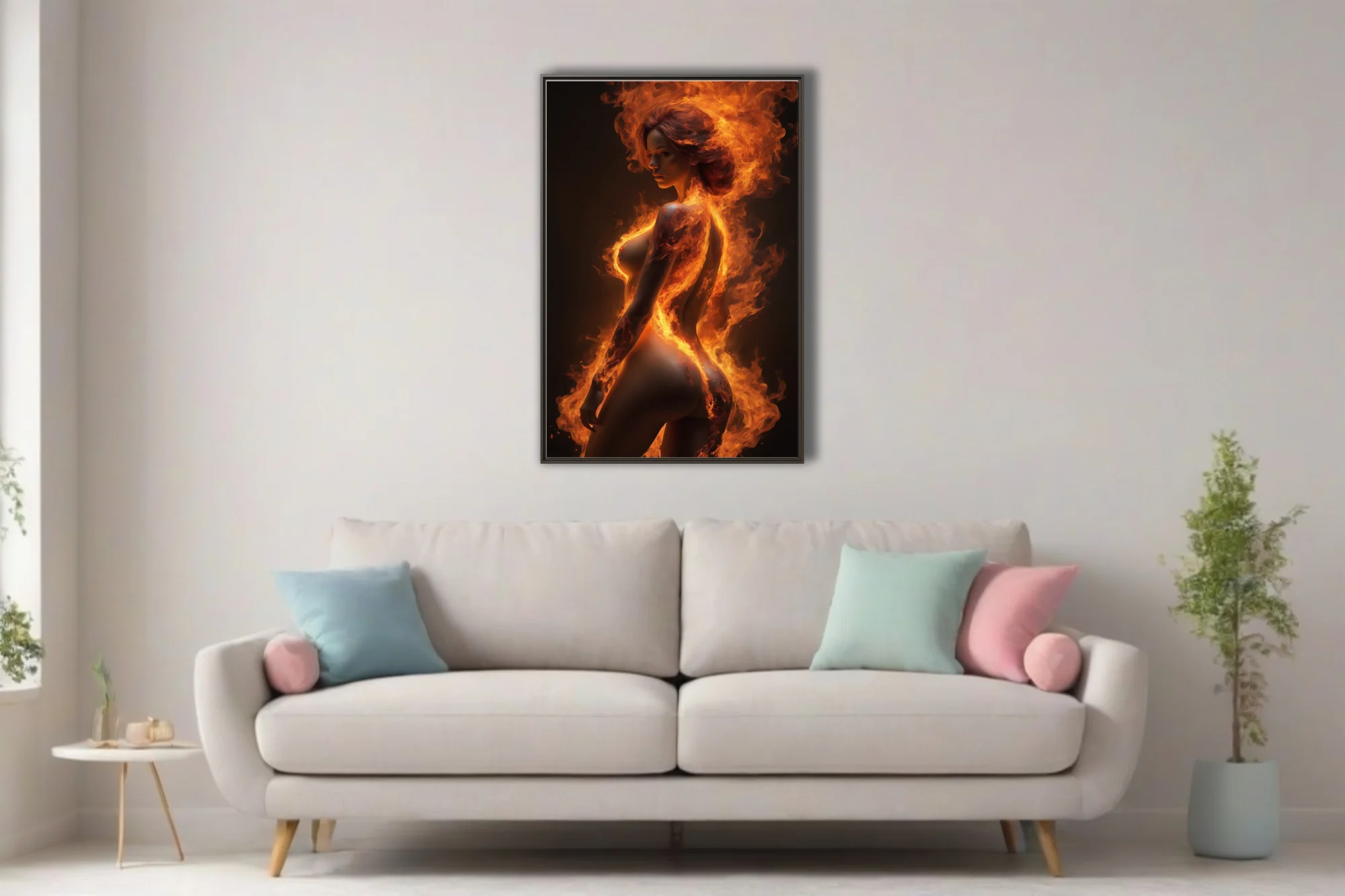 Female figure engulfed in swirling orange flame against dark background