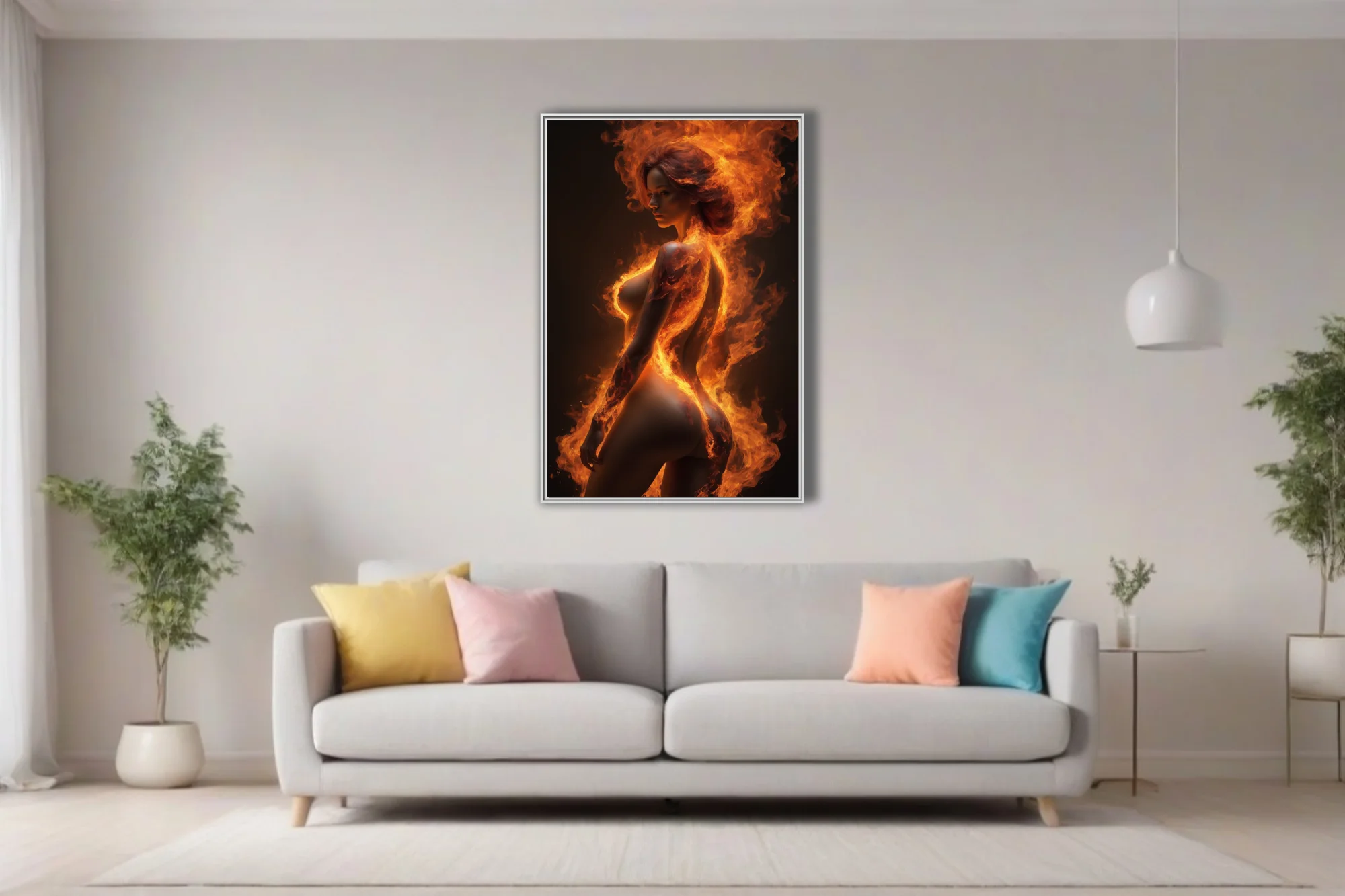 Female figure engulfed in swirling orange flame against dark background