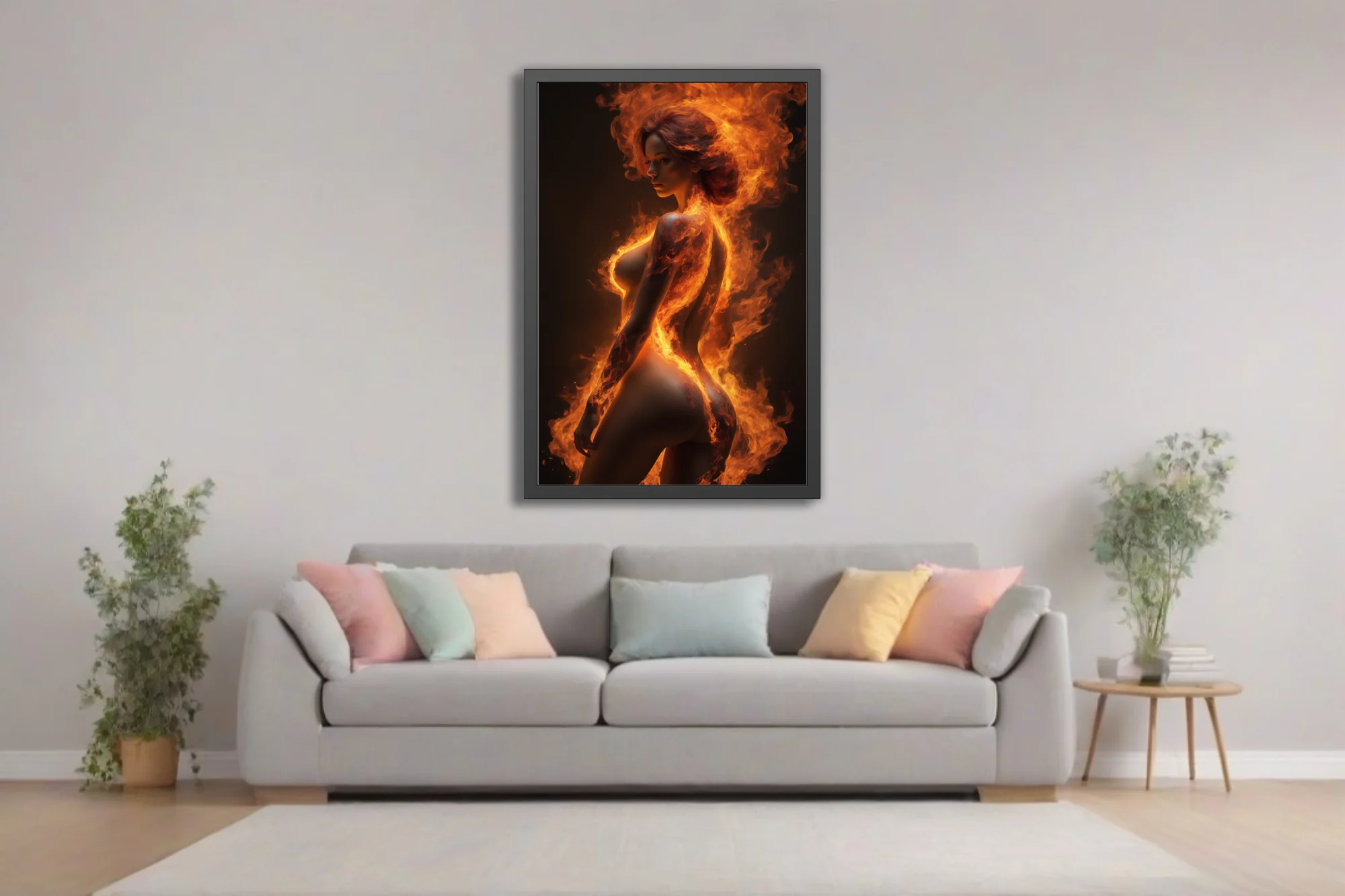 Female figure engulfed in swirling orange flame against dark background
