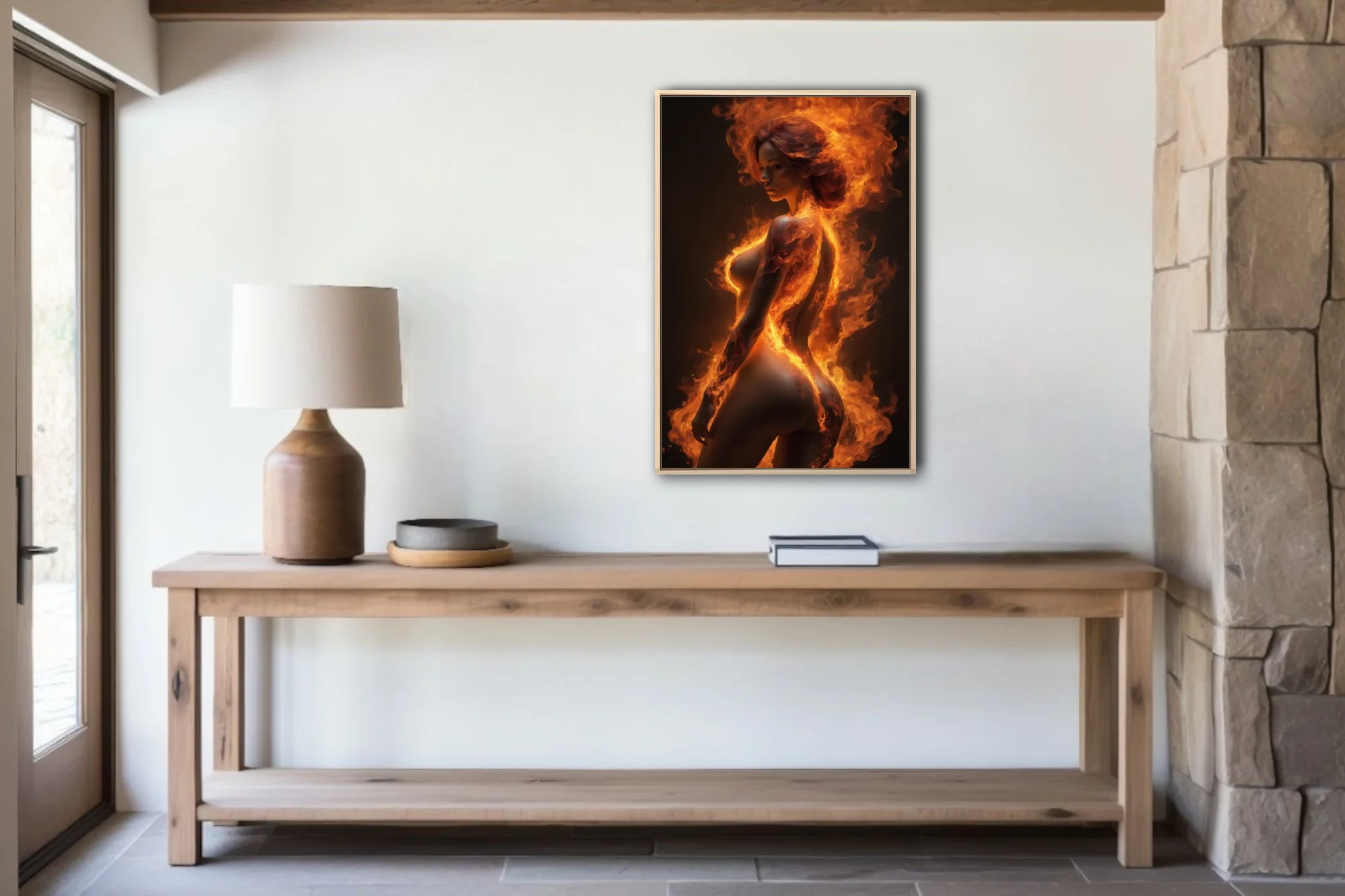 Female figure engulfed in swirling orange flame against dark background