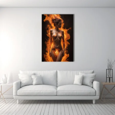 Nude figure study merging female form with swirling flames, amber and charcoal