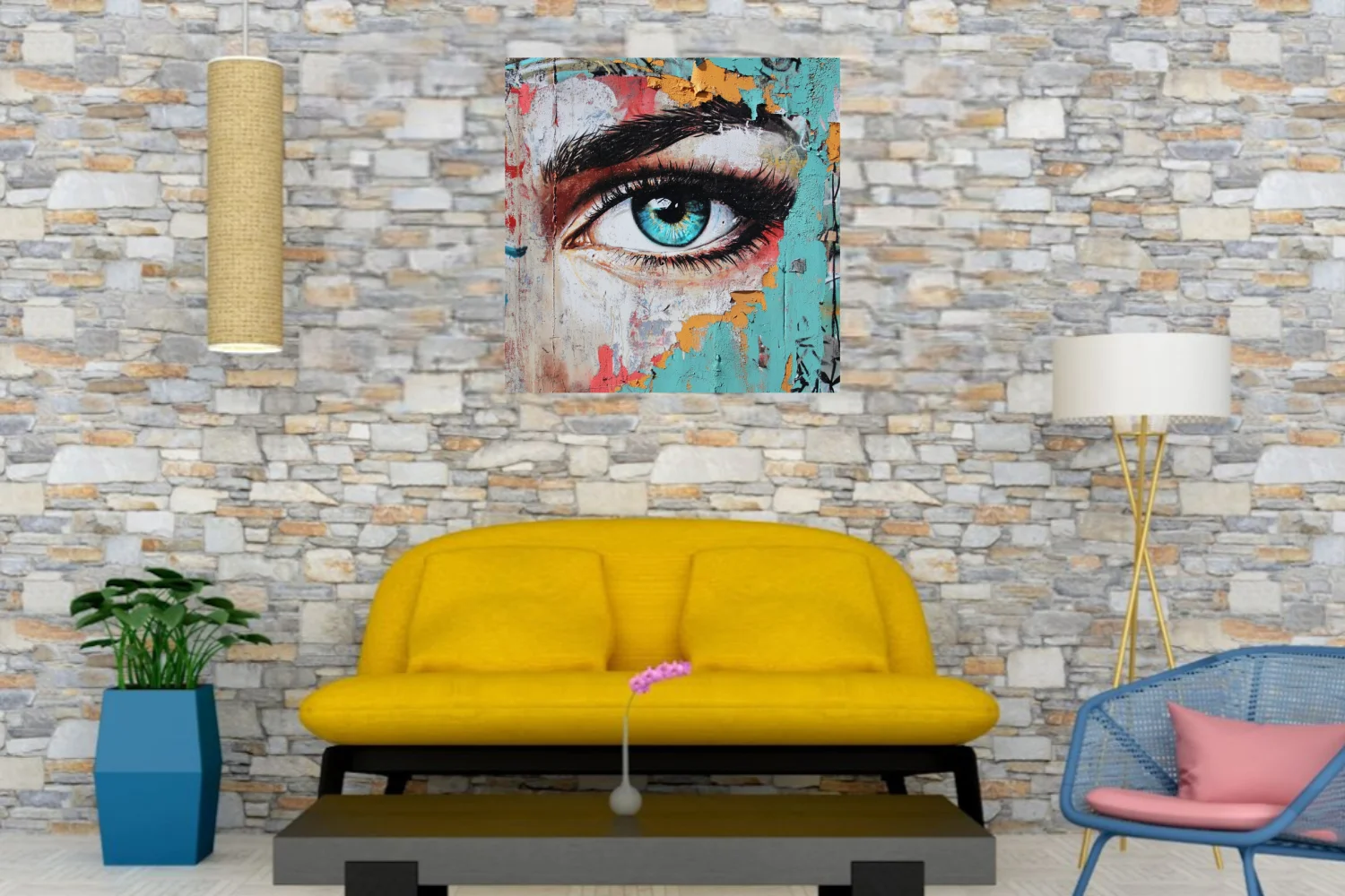 Graffiti street art eye portrait with turquoise iris and peeling paint texture