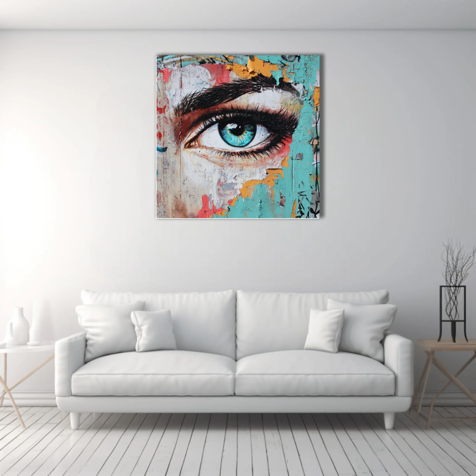 Graffiti street art eye portrait with turquoise iris and peeling paint texture