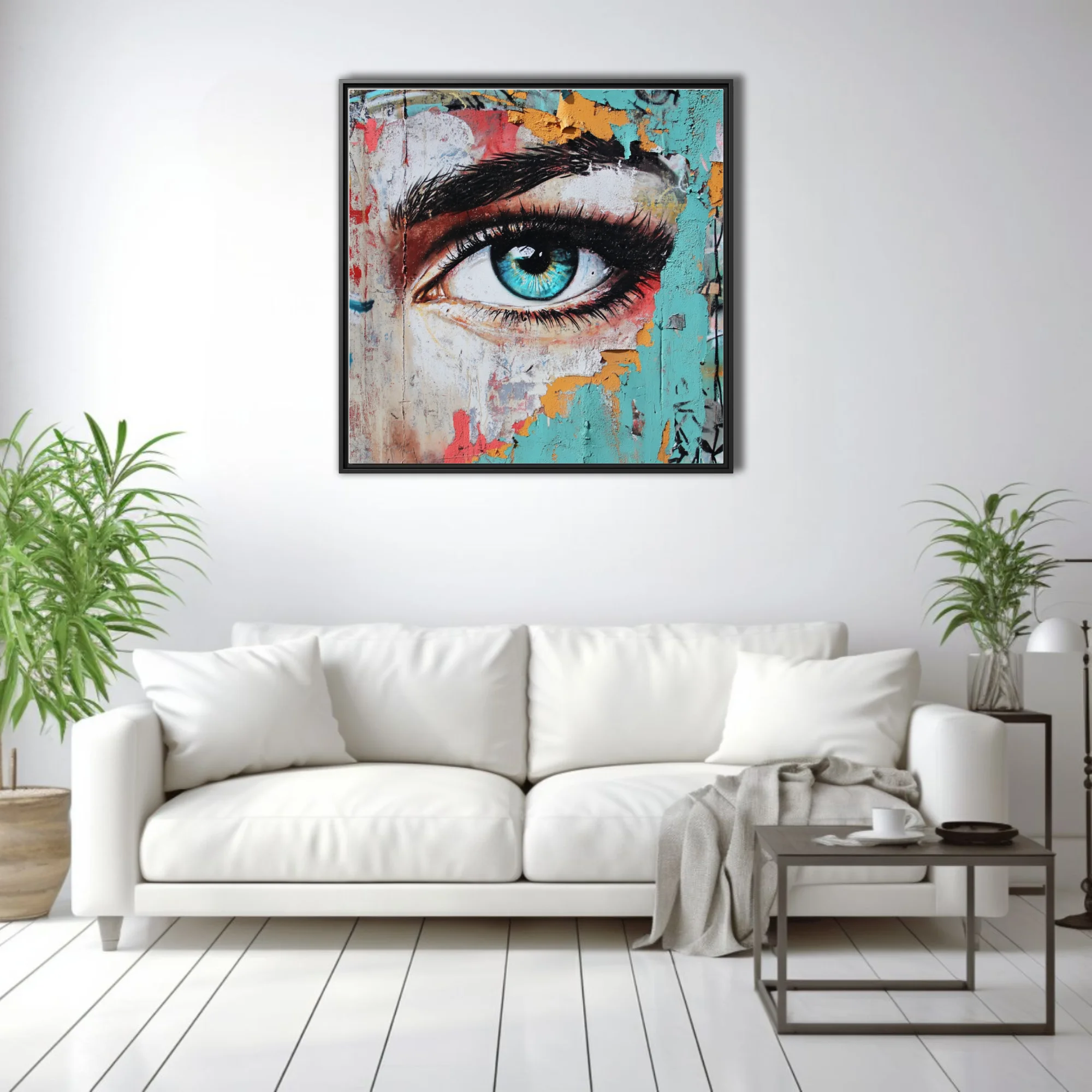 Graffiti street art eye portrait with turquoise iris and peeling paint texture