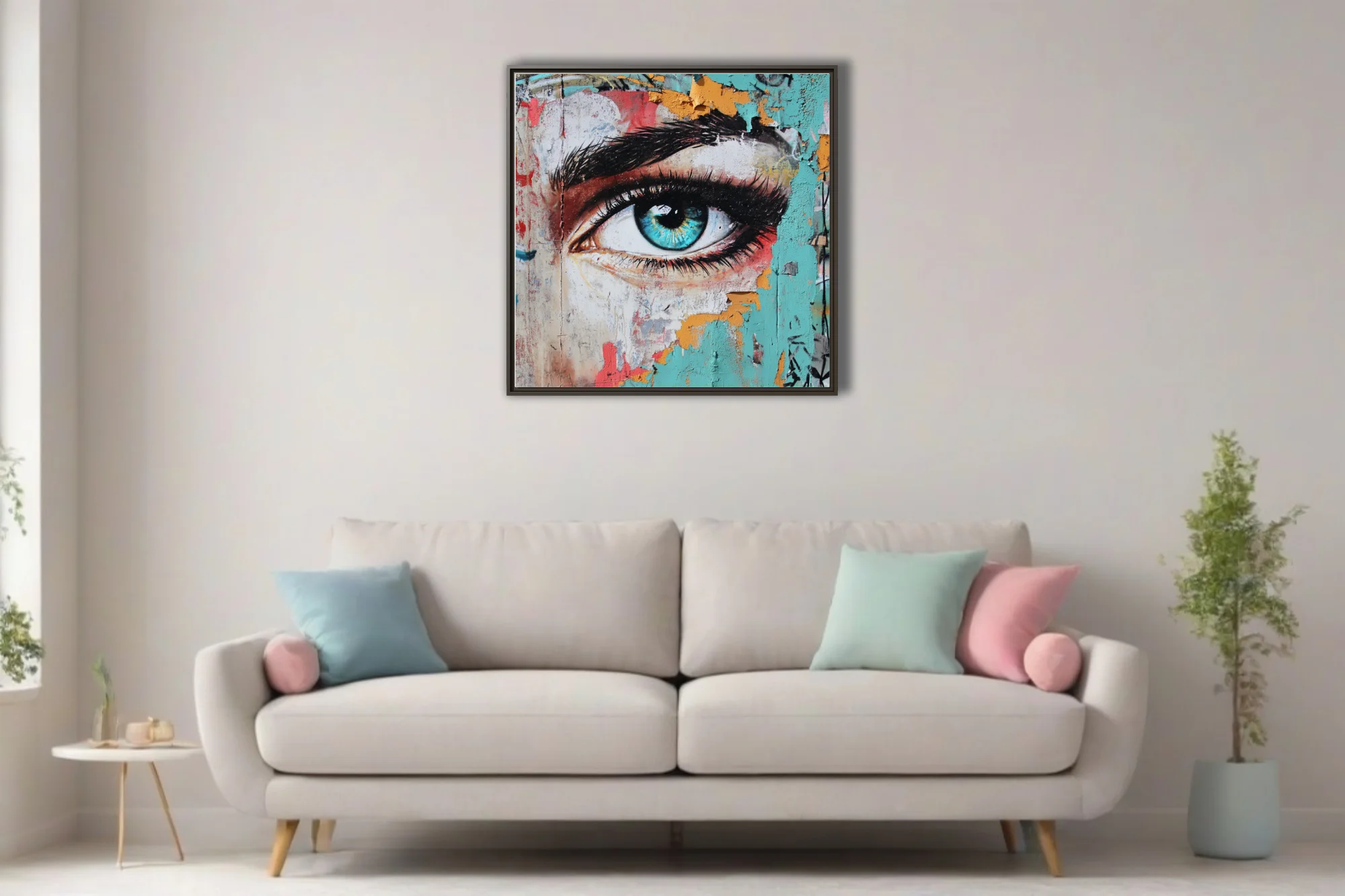 Graffiti street art eye portrait with turquoise iris and peeling paint texture