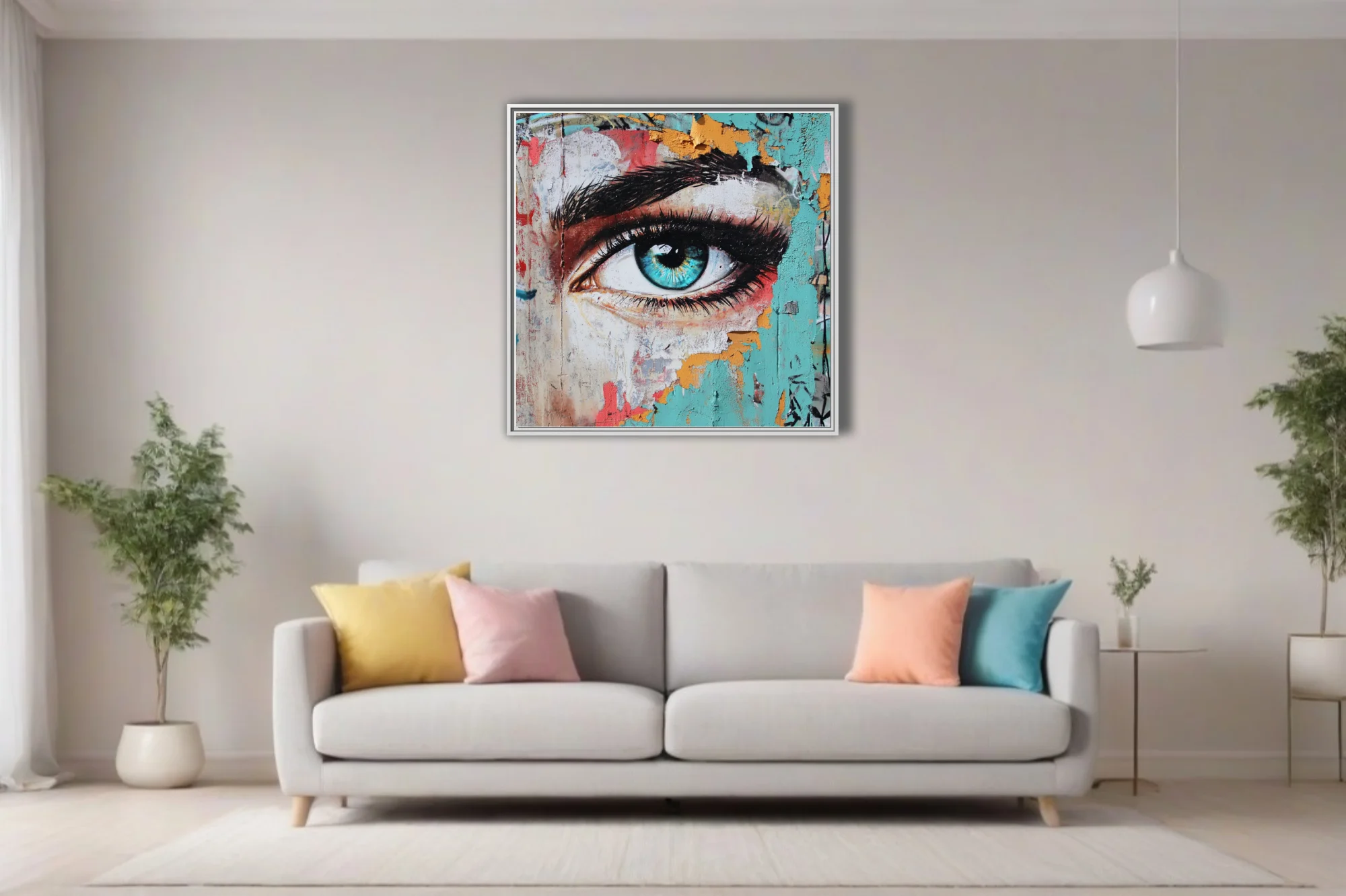 Graffiti street art eye portrait with turquoise iris and peeling paint texture