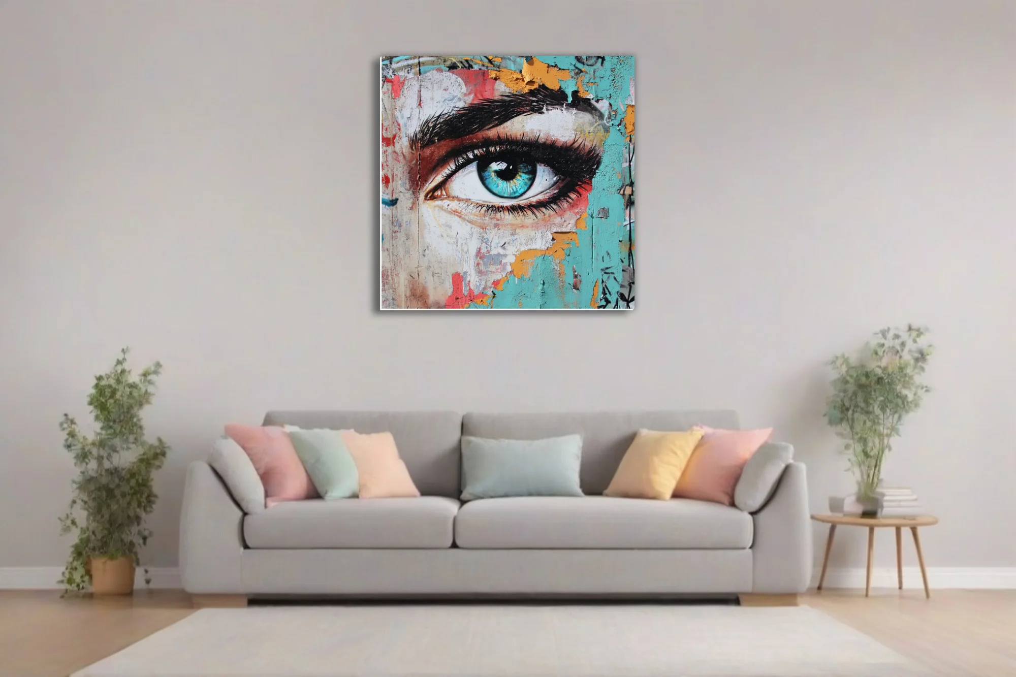 Graffiti street art eye portrait with turquoise iris and peeling paint texture