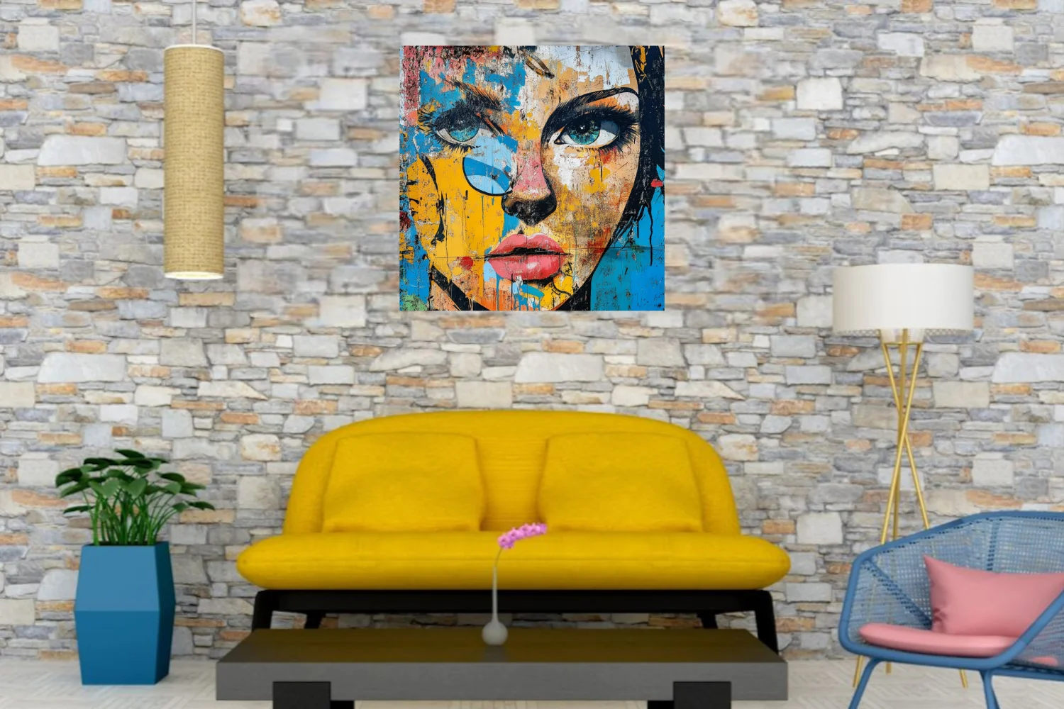 Bold-graphic graffiti portrait with bold linework, electric blue eyes, yellow and red palette