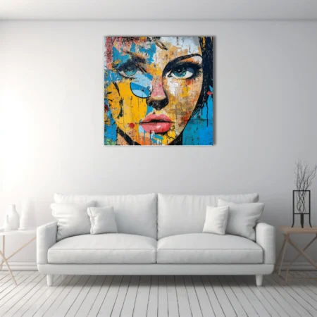 Bold-graphic graffiti portrait with bold linework, electric blue eyes, yellow and red palette