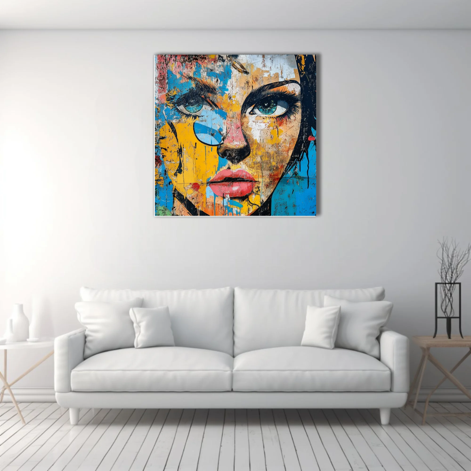 Bold-graphic graffiti portrait with bold linework, electric blue eyes, yellow and red palette