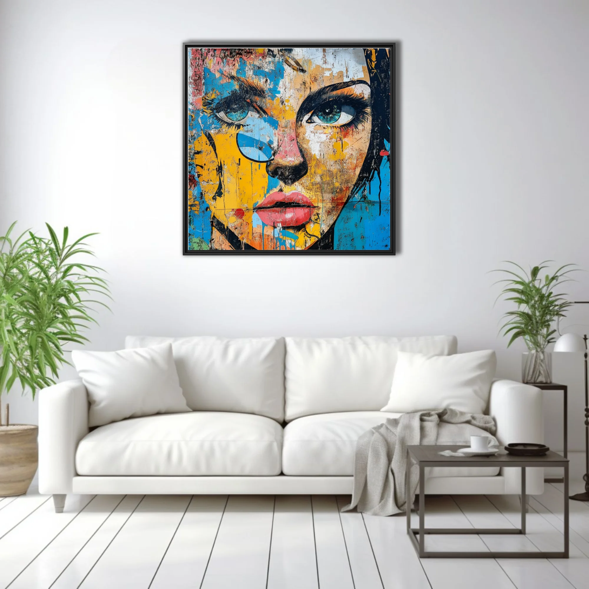 Bold-graphic graffiti portrait with bold linework, electric blue eyes, yellow and red palette