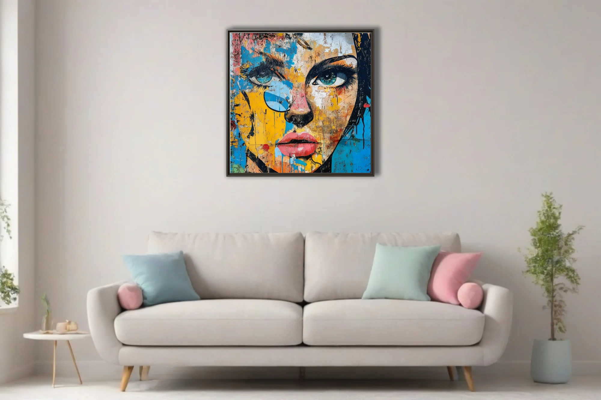 Bold-graphic graffiti portrait with bold linework, electric blue eyes, yellow and red palette