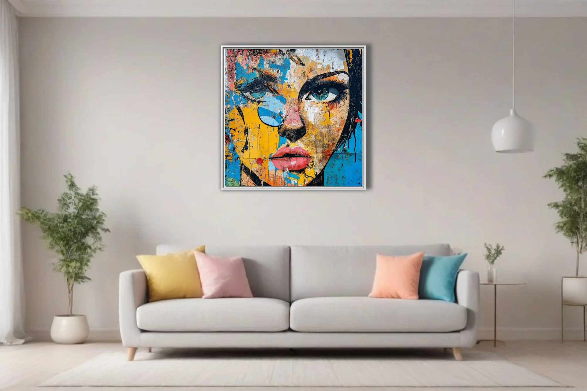 Bold-graphic graffiti portrait with bold linework, electric blue eyes, yellow and red palette