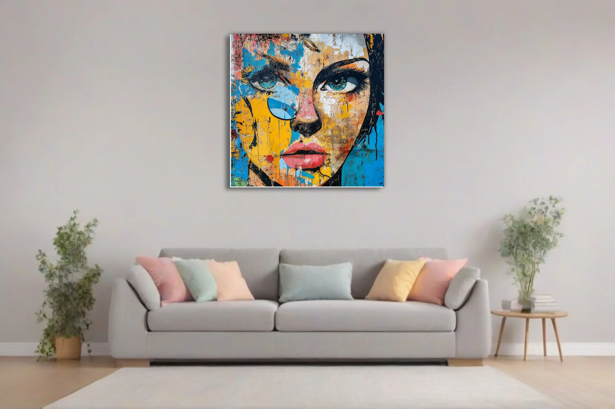 Bold-graphic graffiti portrait with bold linework, electric blue eyes, yellow and red palette