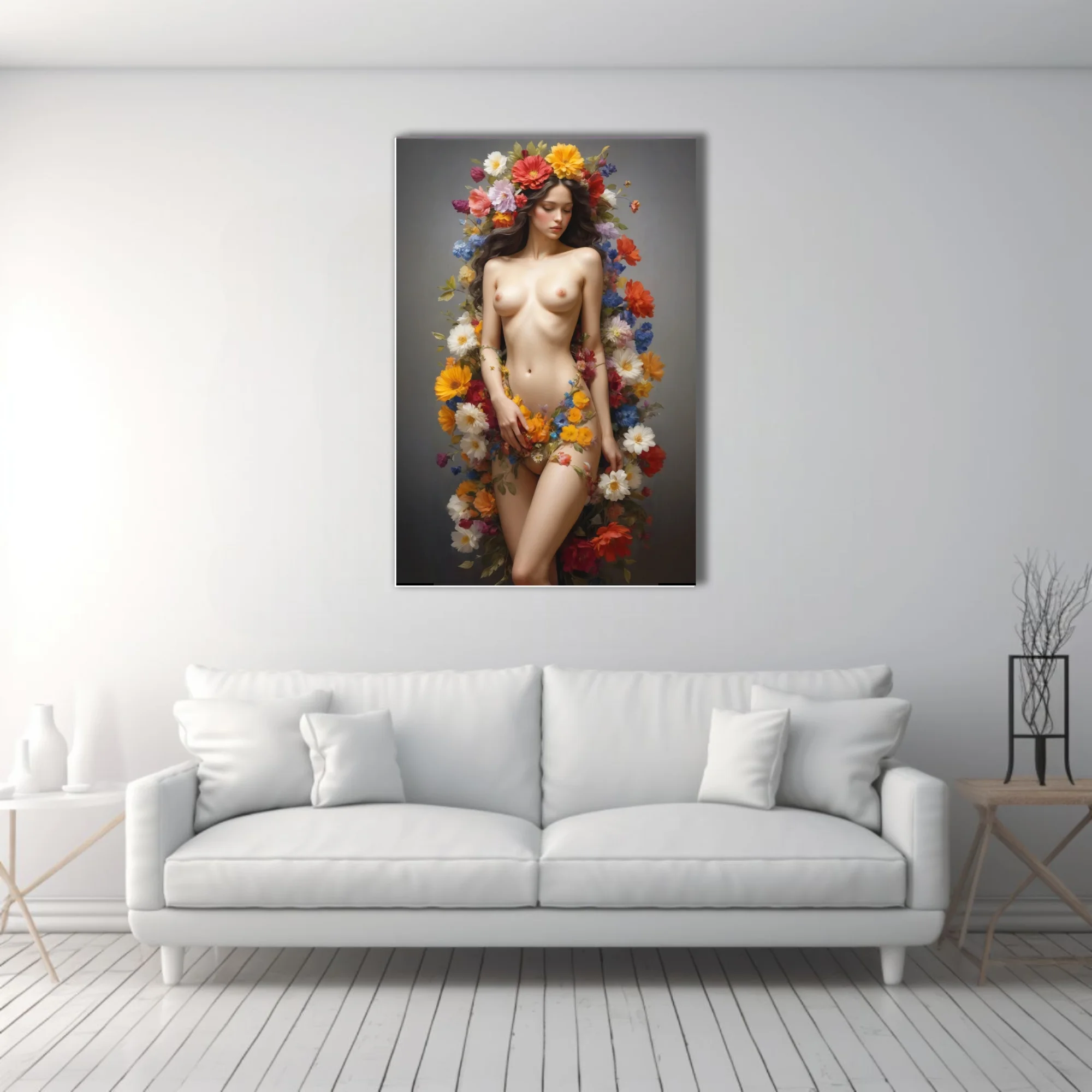 Classical nude figure study surrounded by vibrant florals, luminous skin tones