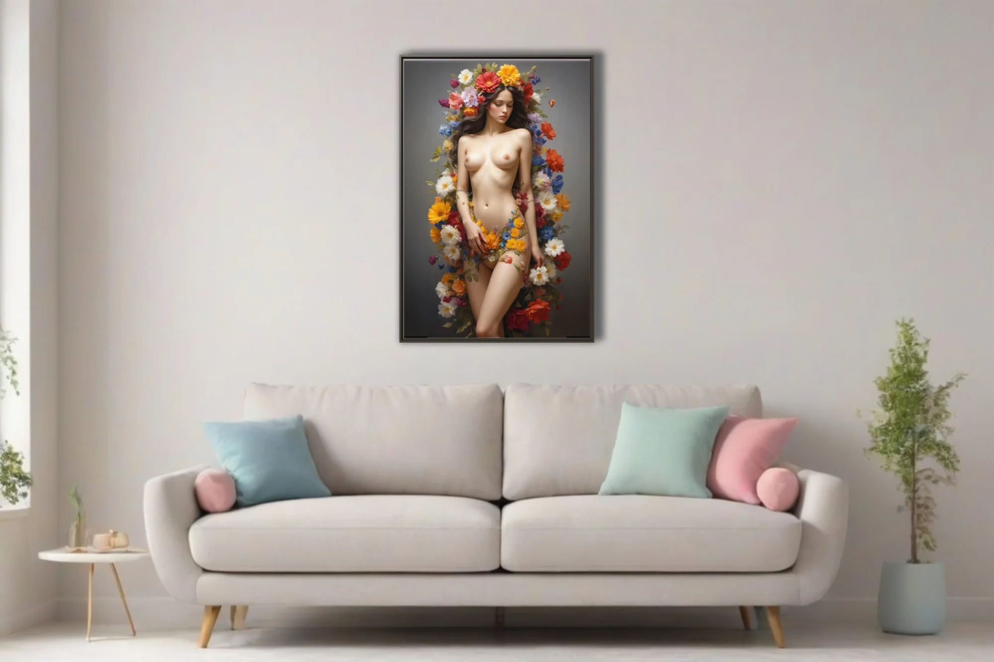 Classical nude figure study surrounded by vibrant florals, luminous skin tones