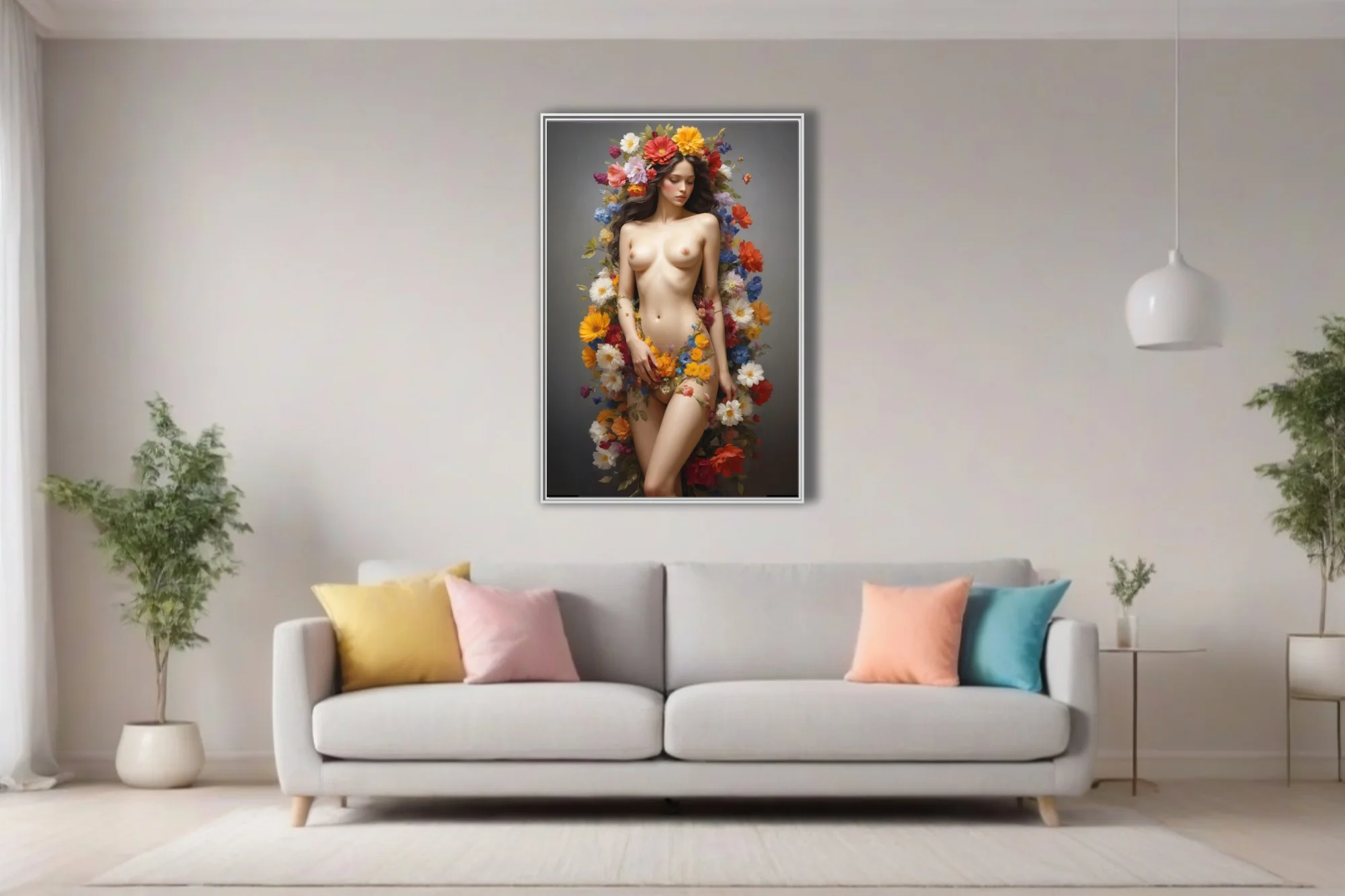 Classical nude figure study surrounded by vibrant florals, luminous skin tones