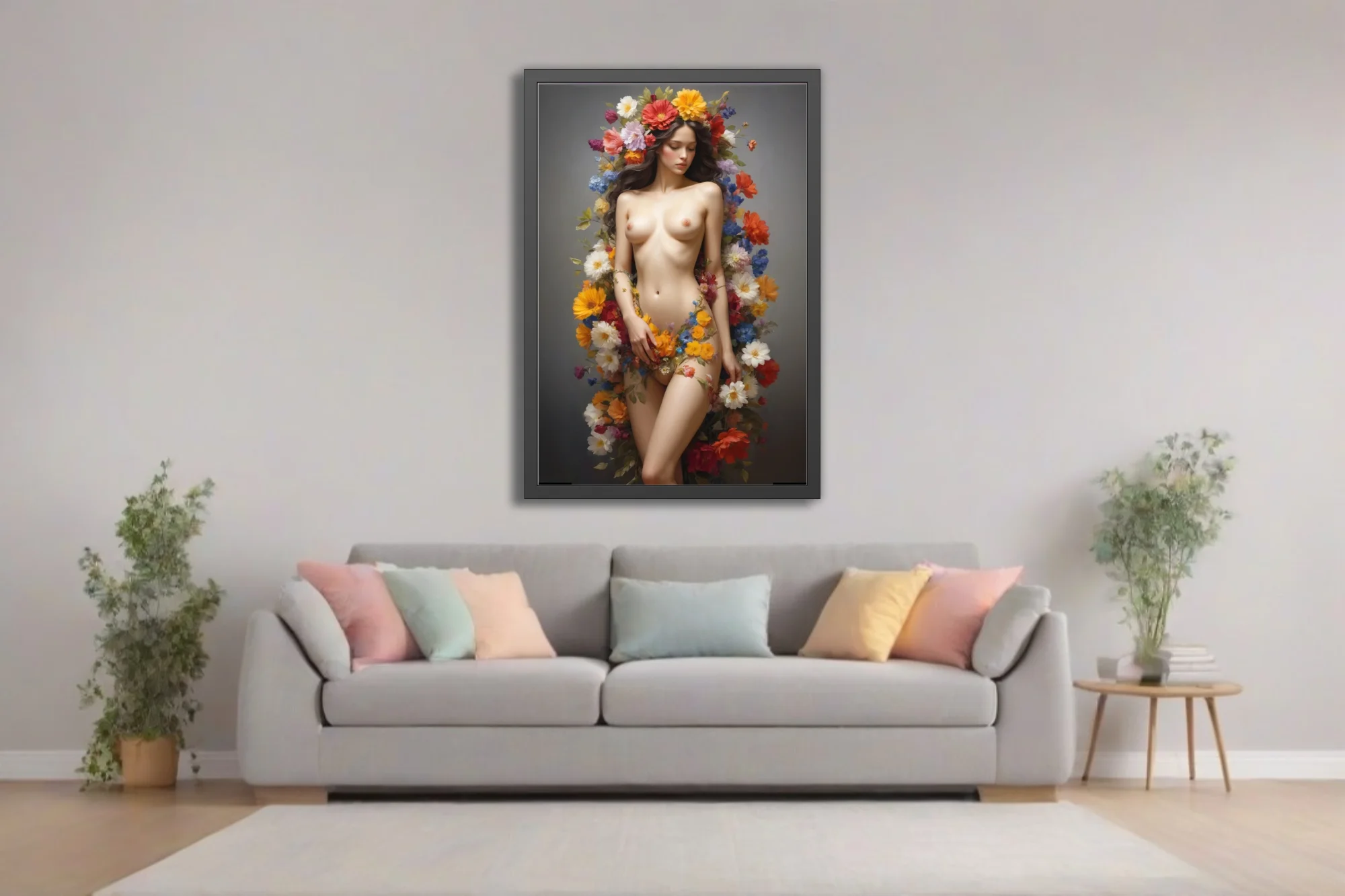 Classical nude figure study surrounded by vibrant florals, luminous skin tones