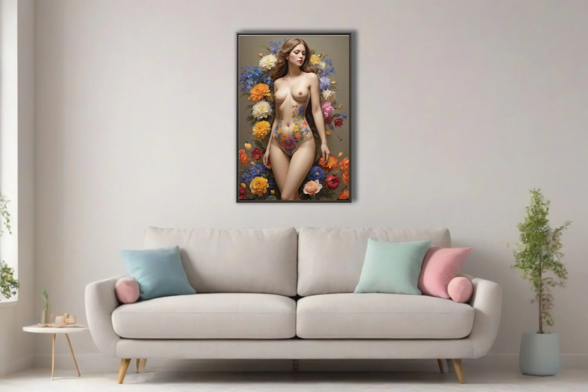 Classical nude figure study with vivid surrounding blooms, warm tones