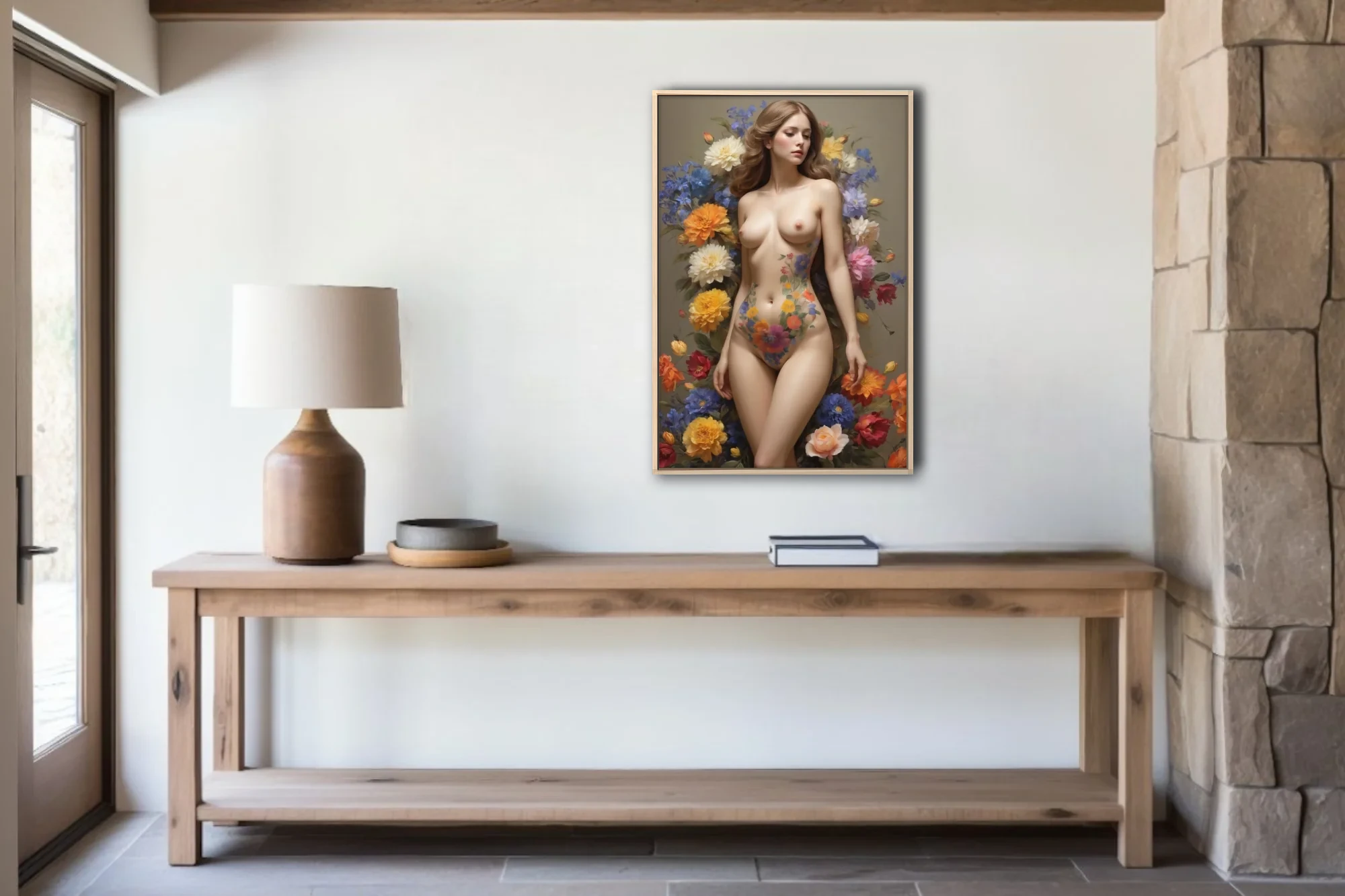Classical nude figure study with vivid surrounding blooms, warm tones