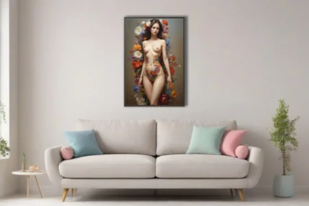 Classical nude figure study with vibrant floral botanical surround, warm tones