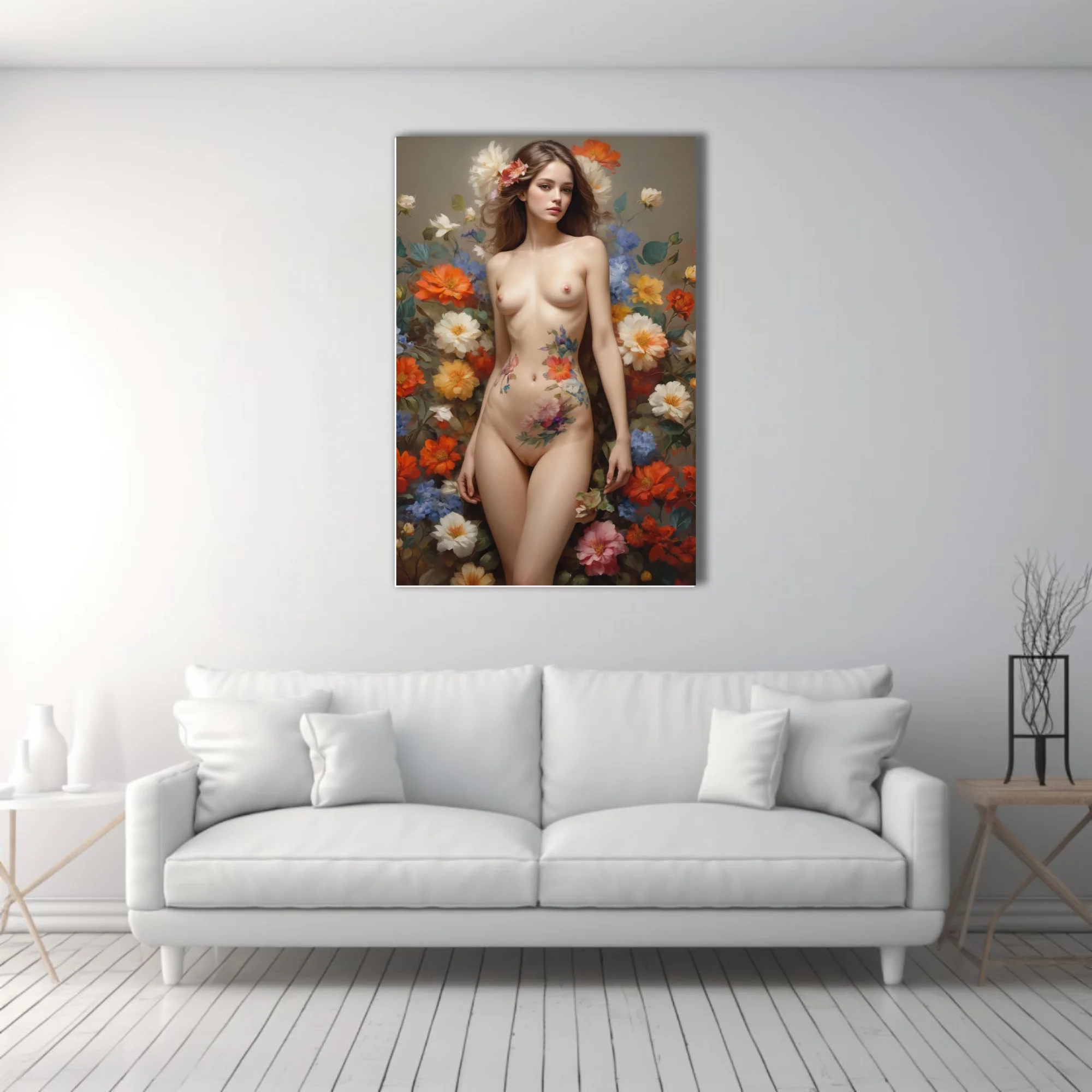 Classical nude figure study with vibrant floral botanical surround