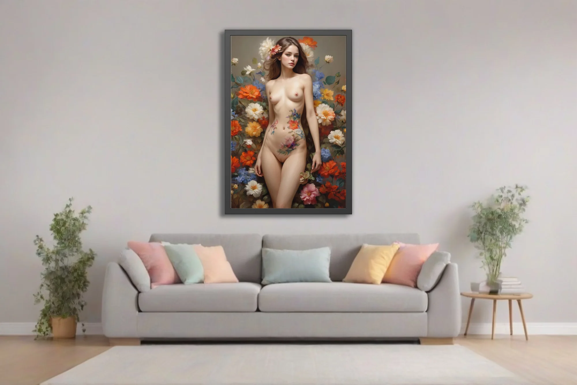 Classical nude figure study with vibrant floral botanical surround