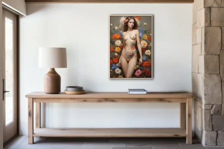 Classical nude figure study with vibrant floral botanical surround
