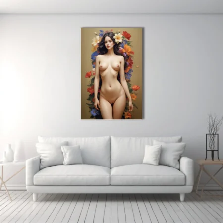 Classical nude figure study with vibrant floral botanical surround
