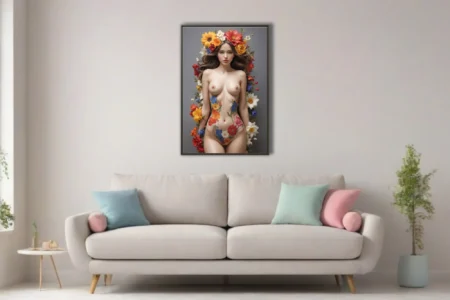 Dreamlike nude figure study with vibrant floral botanical overlay