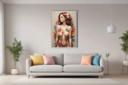Watercolor-style nude figure study with vivid botanical motifs, dreamy floral palette