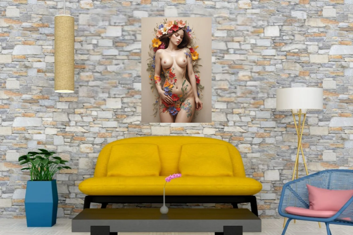Floral nude figure study, vibrant botanical motifs, warm neutral palette