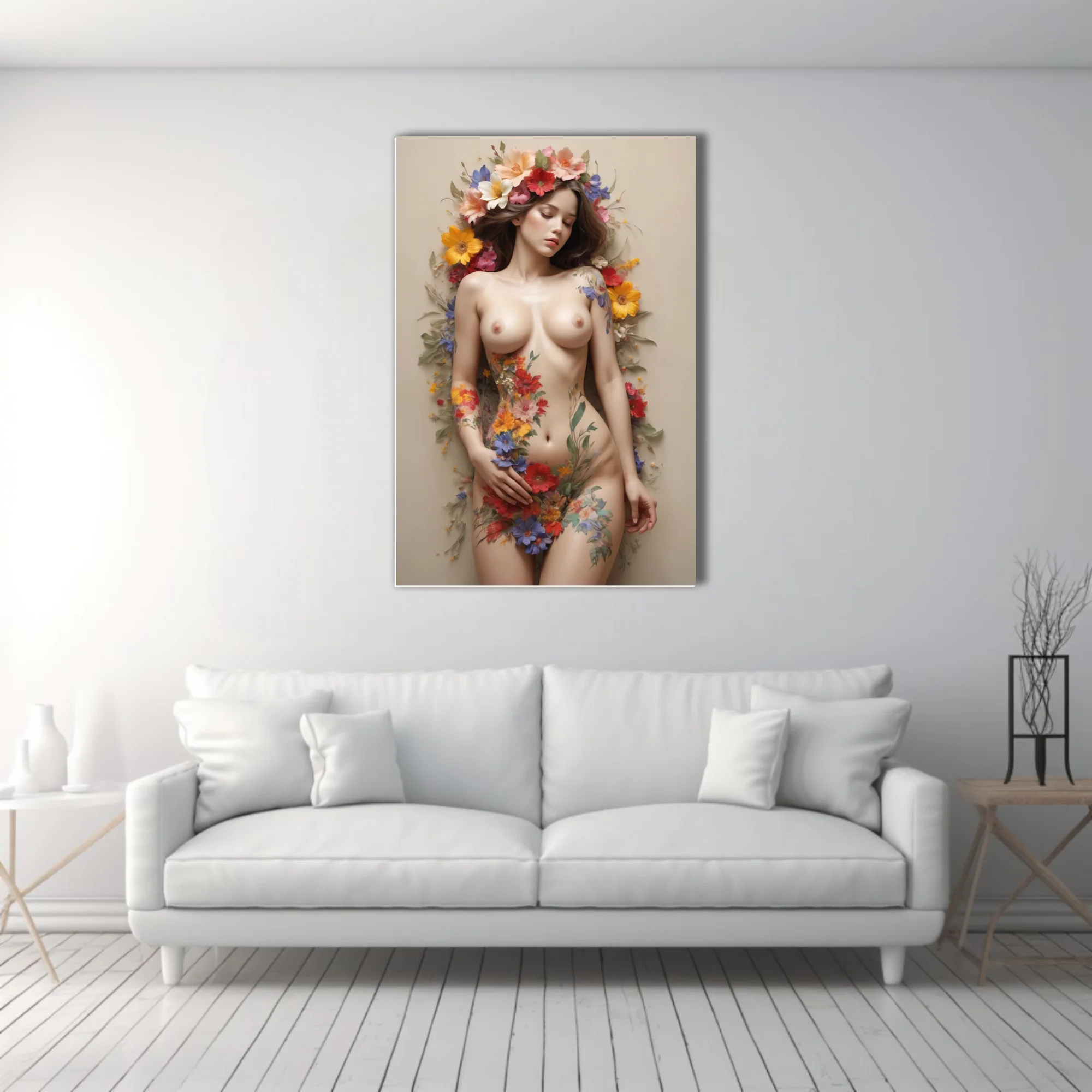 Floral nude figure study, vibrant botanical motifs, warm neutral palette