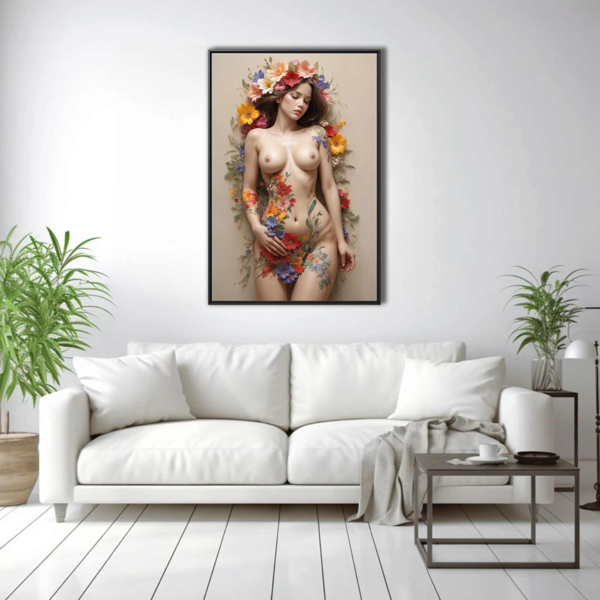 Floral nude figure study, vibrant botanical motifs, warm neutral palette
