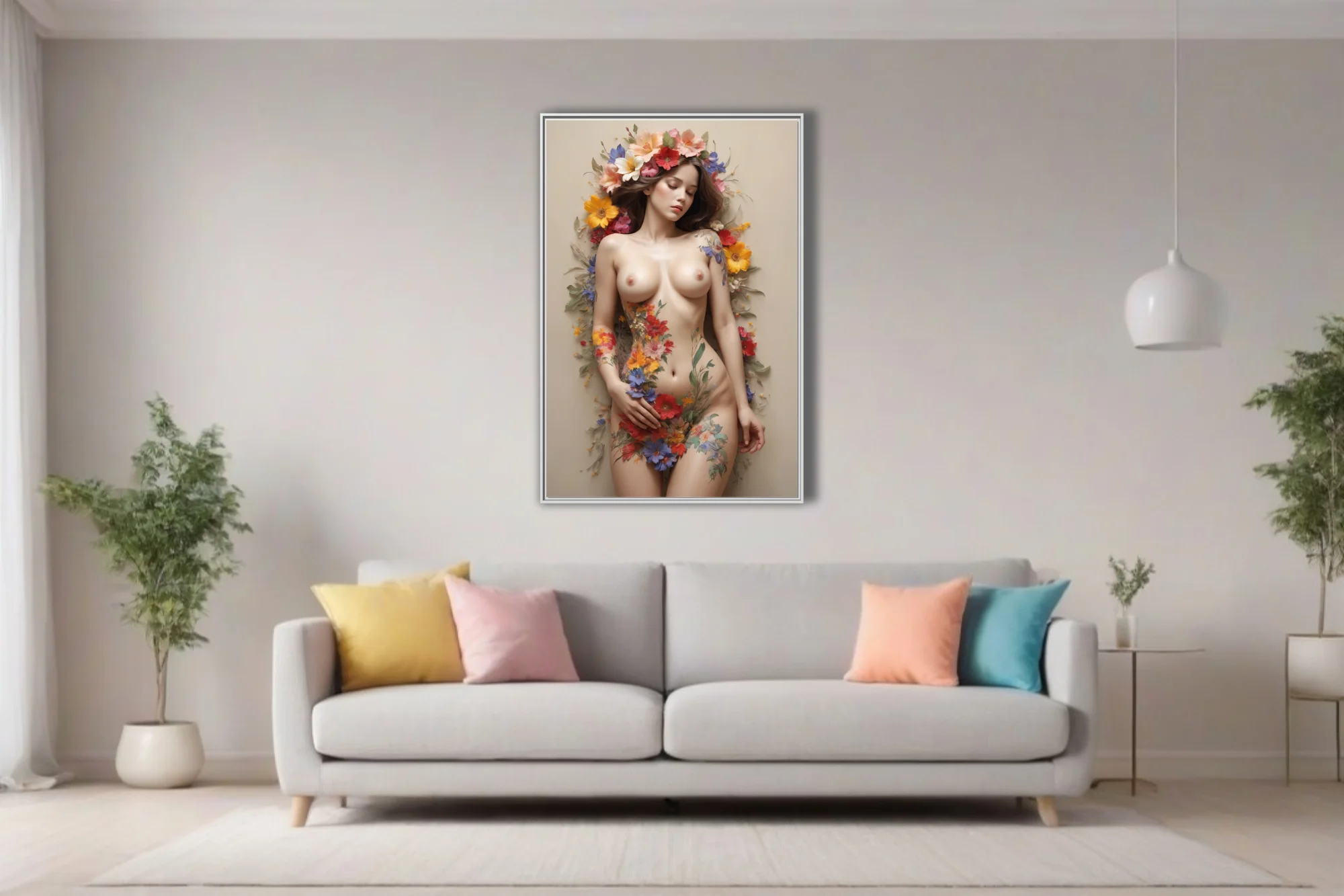 Floral nude figure study, vibrant botanical motifs, warm neutral palette