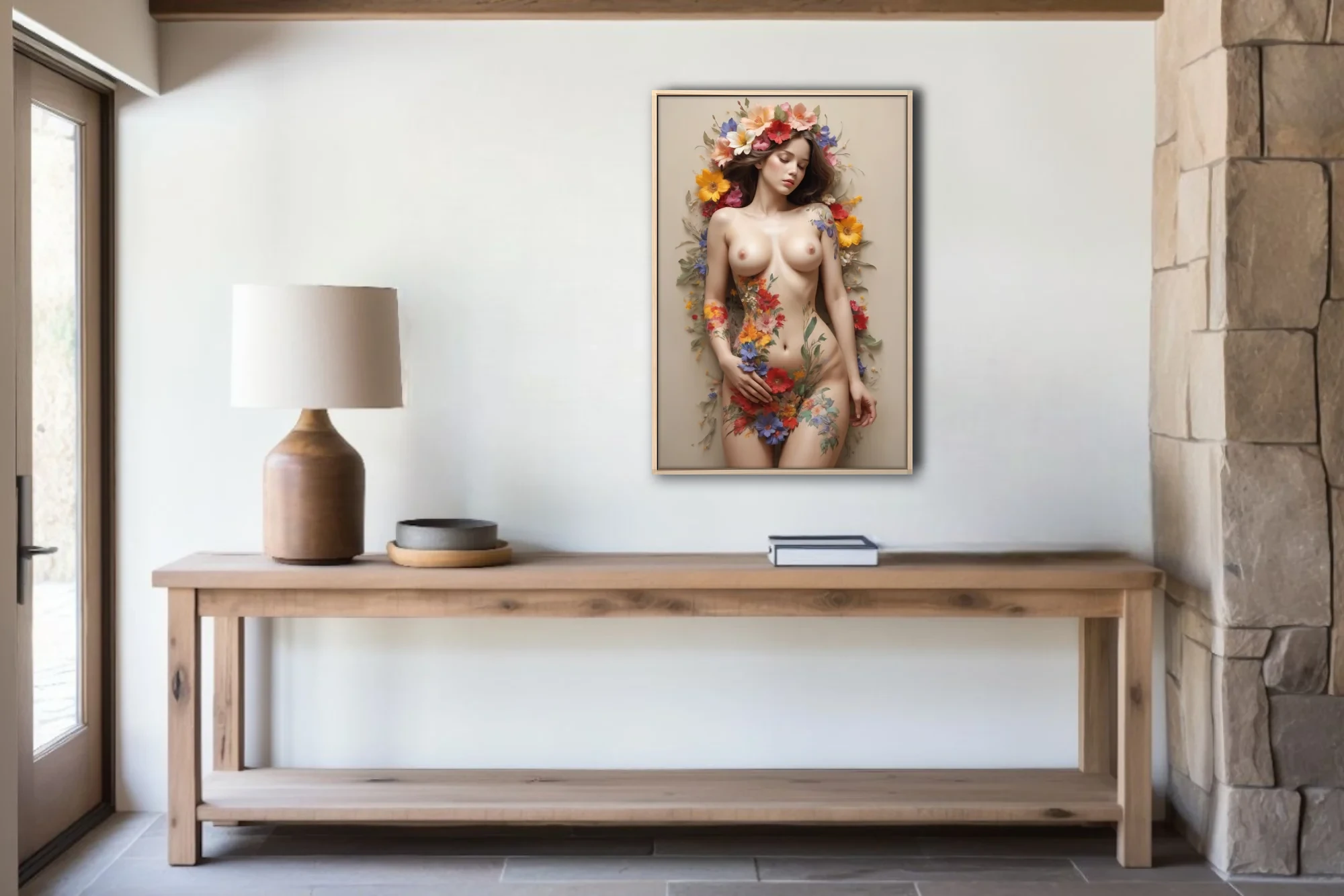 Floral nude figure study, vibrant botanical motifs, warm neutral palette