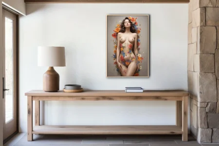 Painterly nude figure study surrounded by vibrant wildflower botanical motifs, soft muted tones