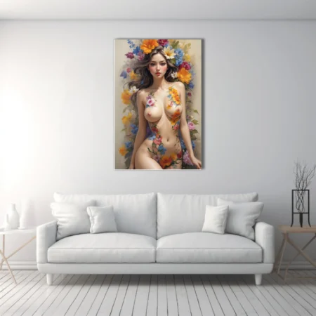 Nude figure study with vibrant floral body art, warm luminous tones