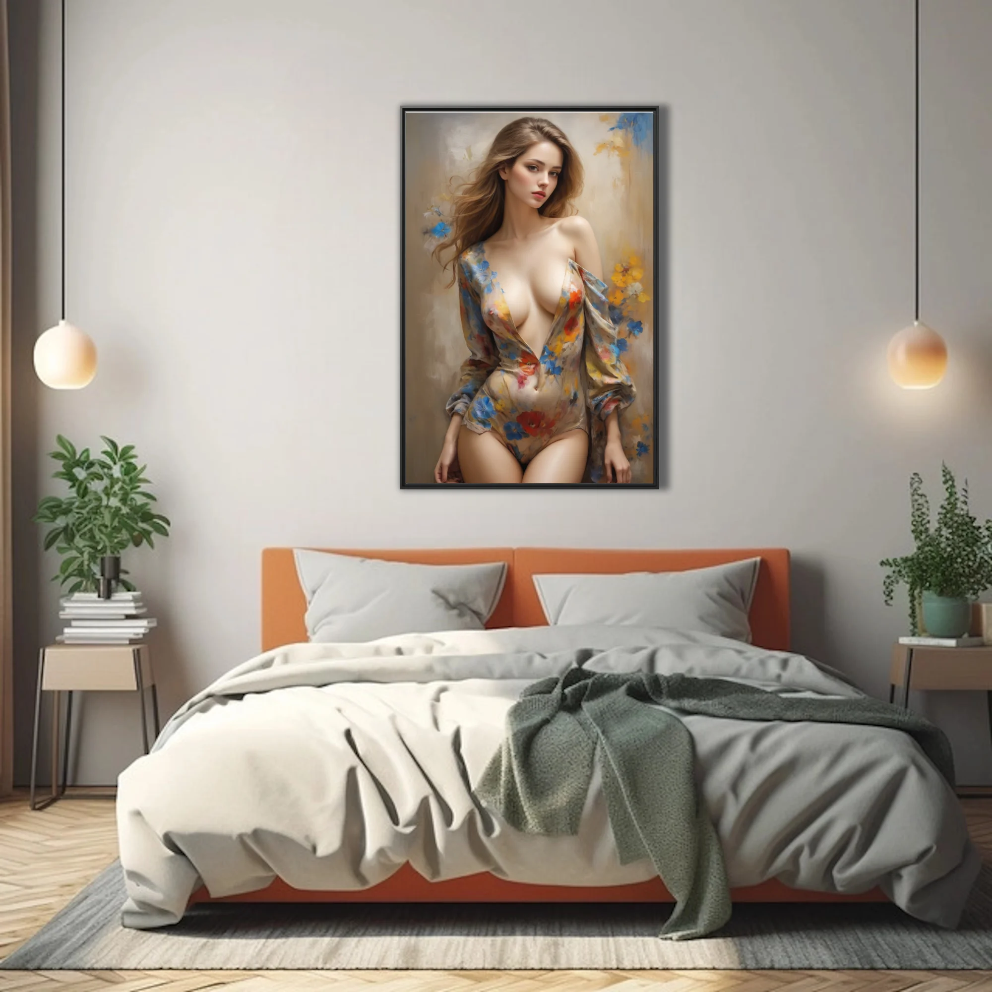 Semi-nude figure study with floral motifs, warm tones, painterly finish