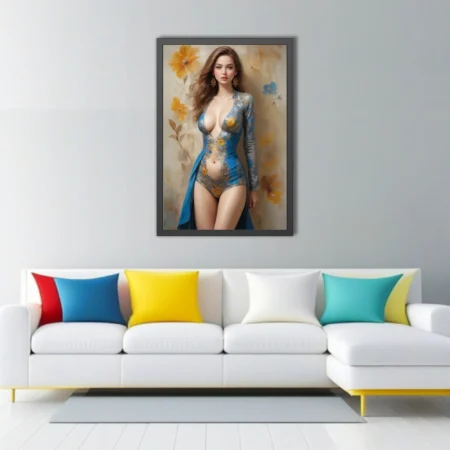 Painterly figure study of a woman in blue floral dress against cream and gold blossom wall