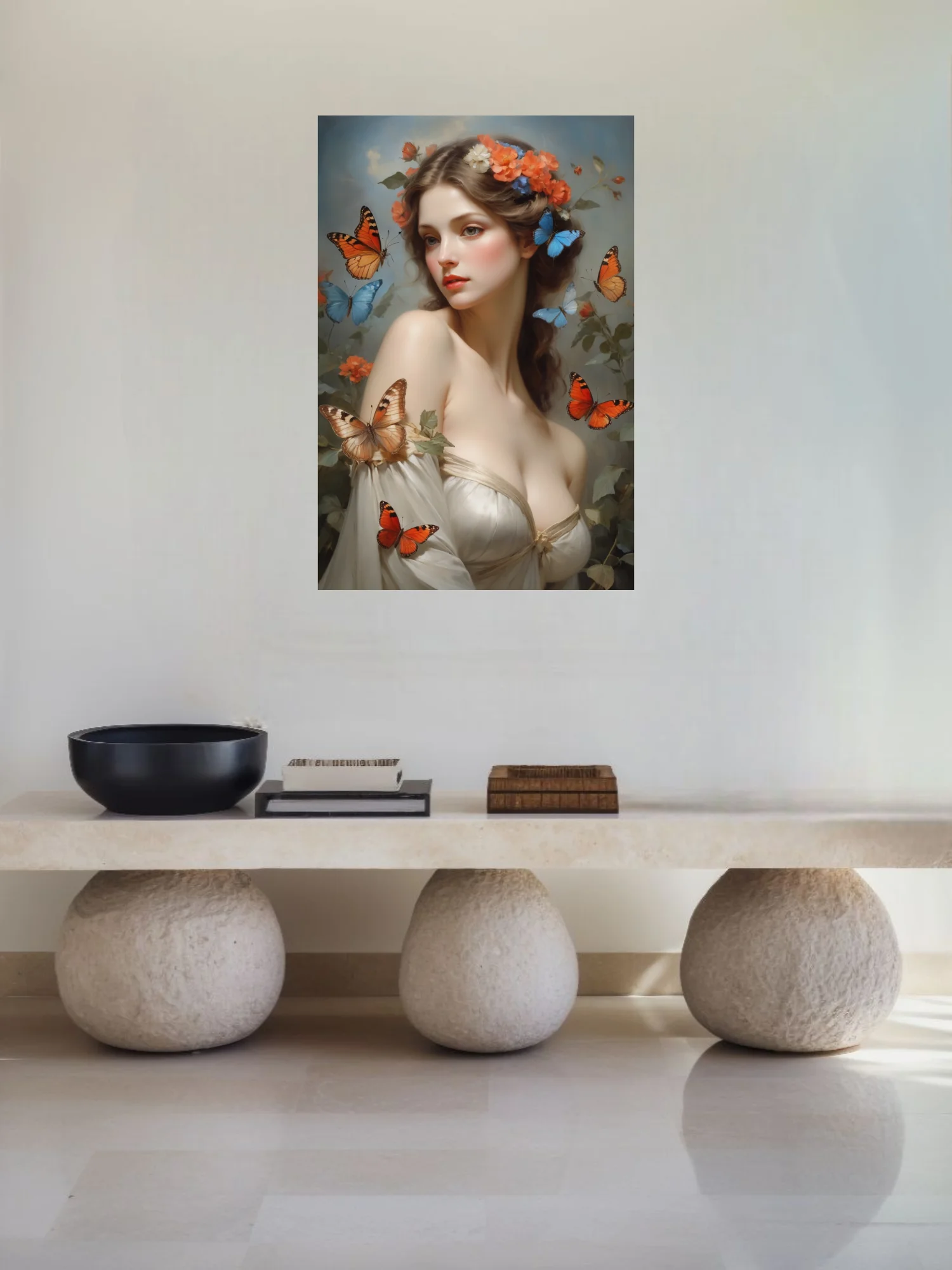 Classical portrait-style art, woman with floral crown, coral and blue butterflies