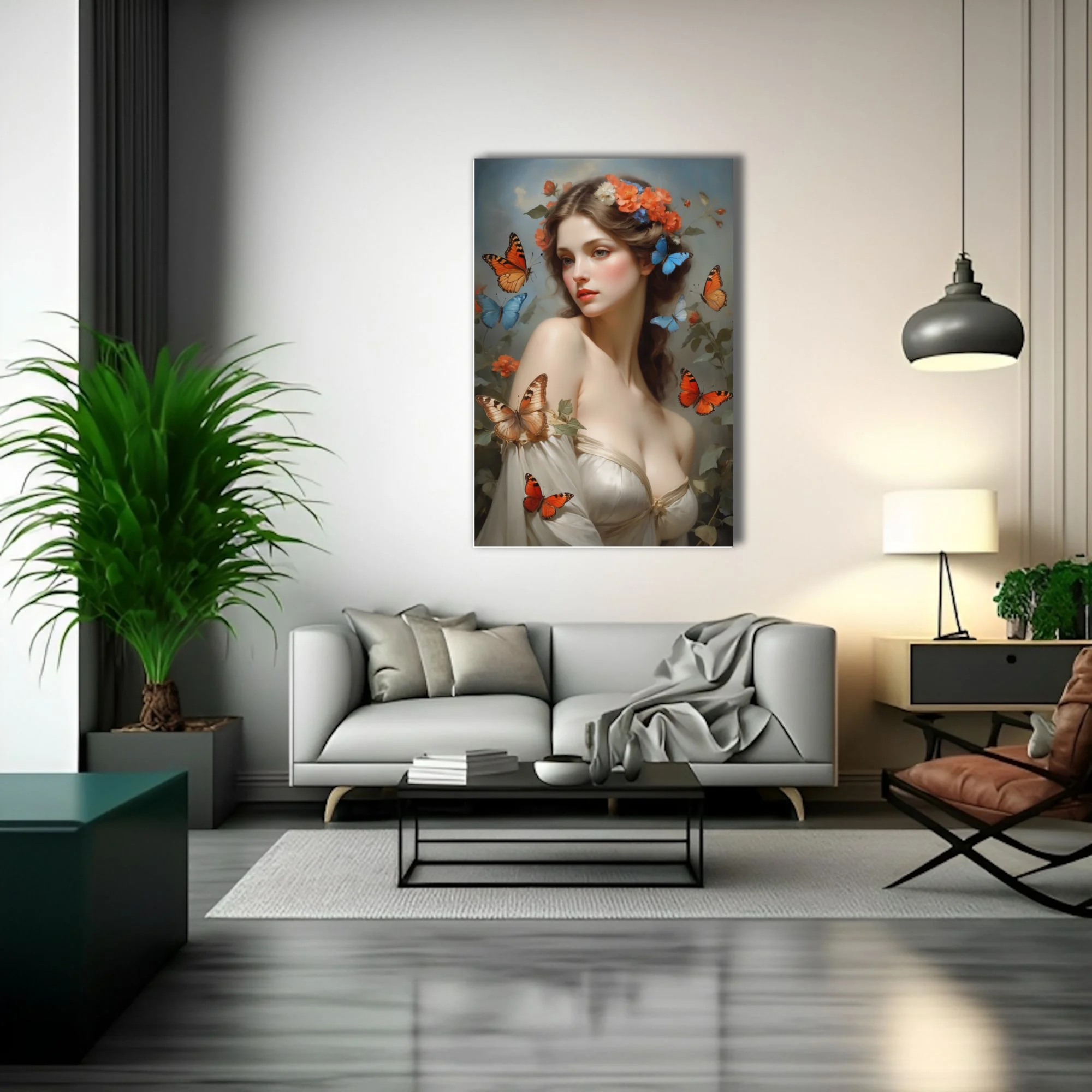 Classical portrait-style art, woman with floral crown, coral and blue butterflies